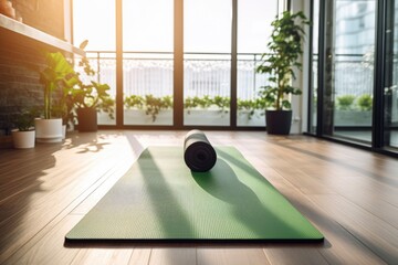 rolled and an unrolled yoga mat on a wooden floor signify a shared home yoga practice