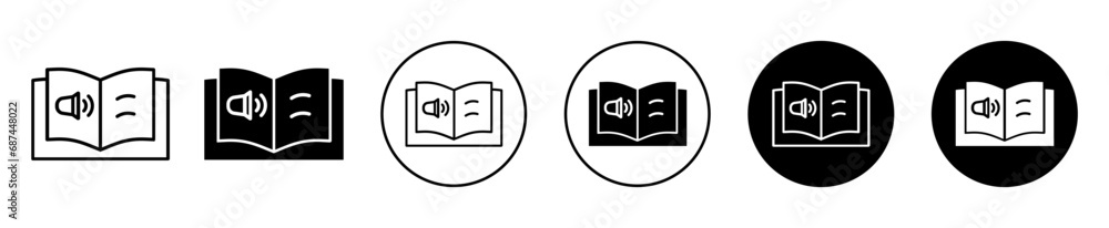 Poster audio book icon. ebook with auto read speaker symbol set. audio book reader with sound library vecto