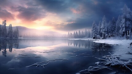 beautiful tree covered with snow in winter session with lake nature view in night  generated by AI tool