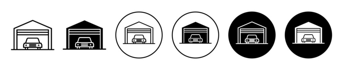 Garage icon. car rental or automotive repair shop or garage service to wash automobile vehicle symbol set. auto garage building for mechanic vector line logo  - obrazy, fototapety, plakaty