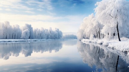 beautiful tree covered with snow in winter session with lake nature view generated by AI tool