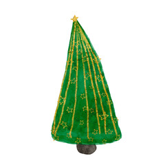 Watercolor Christmas tree with gold decor isolated on white