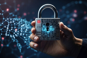 He holds a digital lock on a blurred background to protect his data. Generative AI