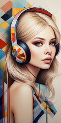 Obraz premium Geometric Woman in Vibrant Colors, with a headphone, Abstract Head with Shapes, Colorful Circles and Triangles Portrait, Modern Artistic Female Portrait, Mosaic of Shapes Woman's Head