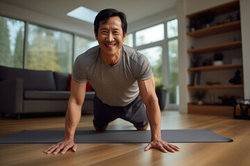 Fototapeta premium middle aged Asian man smiling while doing push ups on a mat in a sunny, modern living room