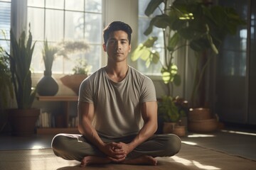 young man meditates in lotus position in a plant filled room with gentle sunlight