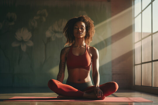 young african american woman meditating in lotus position on a yoga mat, bathed in warm sunlight