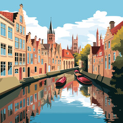 Obraz premium copy space, simple vector illustration, typical view of the canals in Bruges, Belgium. hand drawn, view of the typical canals in the city centre of Bruges, Belgium. Famous touristic spot. Must-see tou