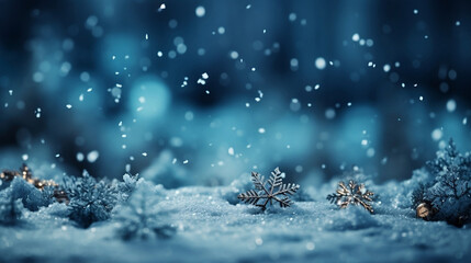 Fototapeta na wymiar Winter's Touch: Delicate Snowflakes Adorning a Magical Blue Landscape