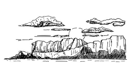 American desert landscape. Desert engraving style sketch. South America. Monument Valley. Arizona. Prairie landscape. Vector. © EVGENIY