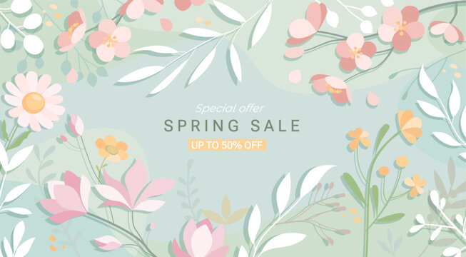 Spring sale banner.Spring flowers on pastel background.Discounts for spring season with blossom flowers,leaves.Clearance template for retail, shops,web, social media,cover with floral elements. Vector
