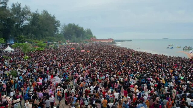 Aerial View Hoyak Tabuik is one of the annual traditions in the Pariaman community. Pariaman, West Sumatra, Indonesia.