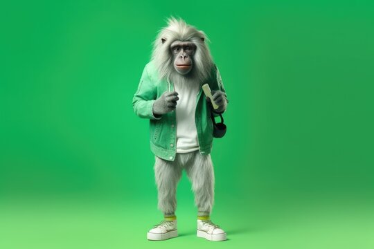 primate in fashion look posing like model on green background