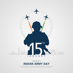 Vector illustration of Indian army day on 15th January. Silhouette of soldier concept on gray background. - obrazy, fototapety, plakaty