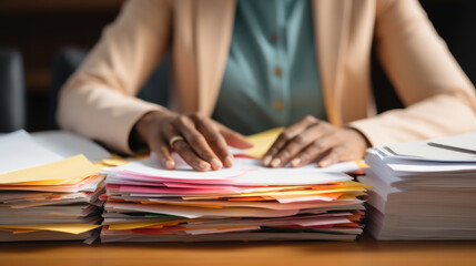 Close-up of a woman's hands organizing a large stack of documents and folders on a wooden desk - obrazy, fototapety, plakaty