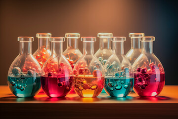 Probetas y tubos de ensayo para química en un laboratorio, llenas de sustancias activas como minerales, compuestos y soluciones distintas existentes en la tabla periódica, en formas de moléculas - obrazy, fototapety, plakaty