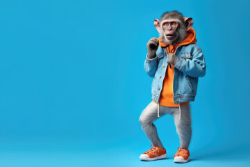monkey in denim jacket and hoodie posing like fashion model on blue background