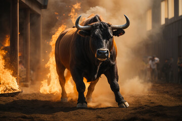 Snorting bull, flames coming from eyes and nose, dramatic lighting, dark backround, evil looking, strong and powerful. Generative AI
