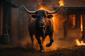 Snorting bull, flames coming from eyes and nose, dramatic lighting, dark backround, evil looking, strong and powerful. Generative AI
