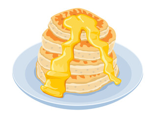 Stack of pancakes with maple syrup or honey. Breakfast food menu item tasty fluffy homestyle pancakes with butter plate. Vector illustration isolated on white. Breakfast concept.