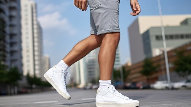 Casual urban walk in stylish sneakers