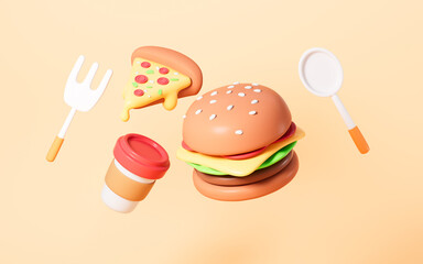 Cartoon hamburger , pizza , coffee and so on, take-out and fast food, 3d rendering.