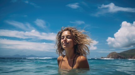 Naklejka premium Joyful woman swimming in the sea