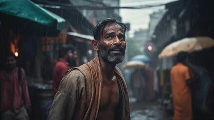 AI generated illustration of a mature Indian man standing on the street in the rain - obrazy, fototapety, plakaty