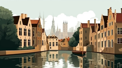 Fototapeta premium copy space, simple vector illustration, typical view of the canals in Bruges, Belgium. hand drawn, view of the typical canals in the city centre of Bruges, Belgium. Famous touristic spot. Must-see tou