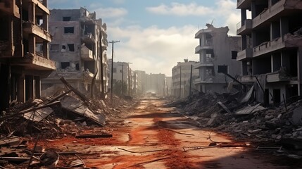 War-Torn City with Ruined Buildings and Streets