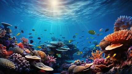 Sunlit Coral Reef Teeming with Tropical Fish - obrazy, fototapety, plakaty