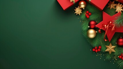Christmas Day concept. Top view photo of big present box green red baubles gold star ornament pine cone mistletoe berries snow and fir branches made by generative ai