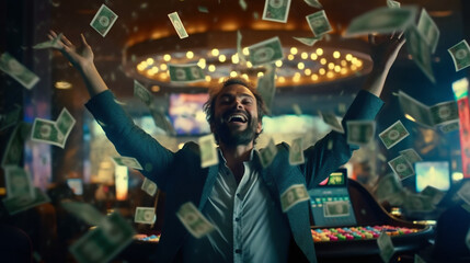 Homme gagnant au casino, gain en argent (pièces et billets), blackjack, roulette et machine à sous.