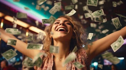 Femme gagnante au casino, gain en argent (pièces et billets), blackjack, roulette et machine à sous.