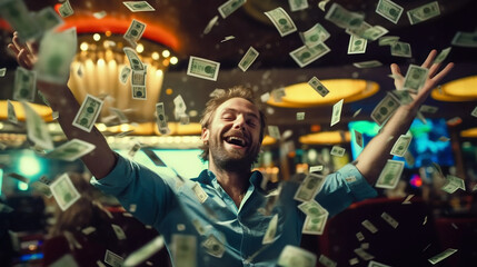 Homme gagnant au casino, gain en argent (pièces et billets), blackjack, roulette et machine à sous.