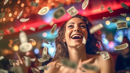 Femme gagnante au casino, gain en argent (pièces et billets), blackjack, roulette et machine à sous. - obrazy, fototapety, plakaty