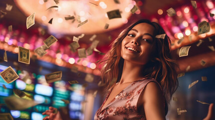 Femme gagnante au casino, gain en argent (pièces et billets), blackjack, roulette et machine à sous. - obrazy, fototapety, plakaty