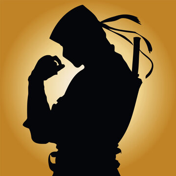 Ninja warrior sword silhouette vector illustration. Yellow background martial arts Japan fighter stealth assassin black shadow traditional culture ancient weapon katana samurai