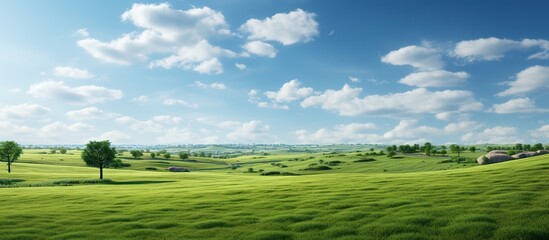 Fototapeta na wymiar Peaceful Green Landscape with Blue Sky and Clouds