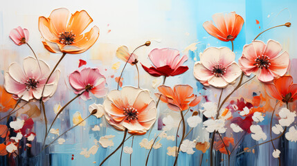 Poppy flowers and butterflies on abstract background.