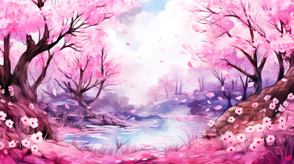 Watercolor spring landscape with pink cherry blossom trees and lake.