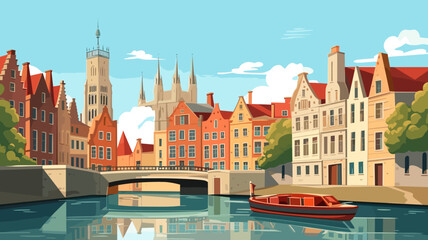 Obraz premium copy space, simple vector illustration, typical view of the canals in Bruges, Belgium. hand drawn, view of the typical canals in the city centre of Bruges, Belgium. Famous touristic spot. Must-see tou
