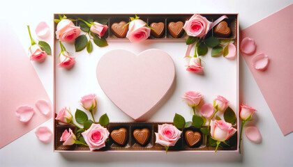 Heart shaped chocolate box and pink roses