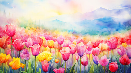 Tulip flowers. Watercolor painting on canvas. Spring landscape.