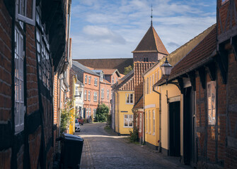 Fototapeta na wymiar Narrow Old Street in Ribe, Denmark