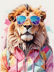 happy  lion in sunglasses with fantasy paint splashes around,Design of Lion wearing a colorful  jacket and sunglasses. ai genarative