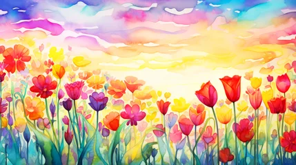  Tulips field. Digital watercolor painting. Spring landscape. © Narin