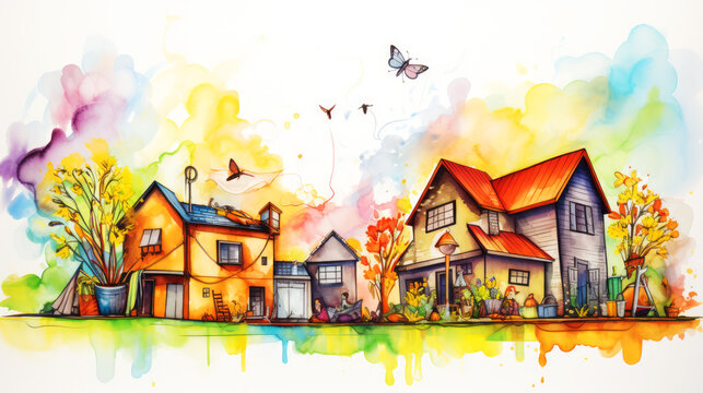 Colorful watercolor painting of houses in the village.