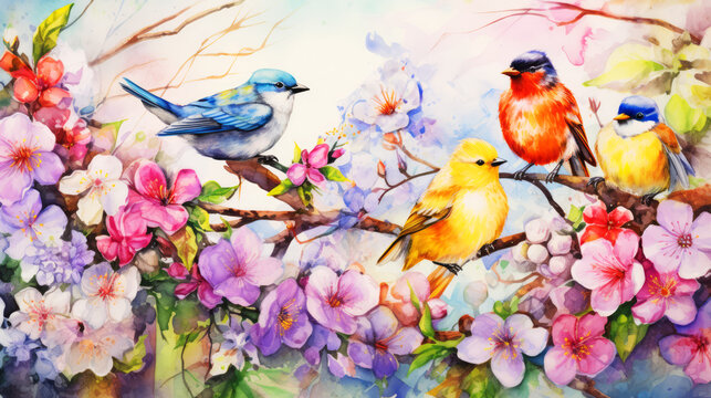 Watercolor painting of birds on branch with blossom Sakura.