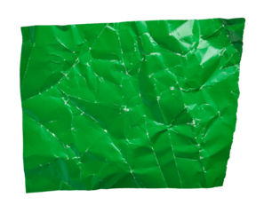 Green crumpled paper with folds texture cut out on transparent background